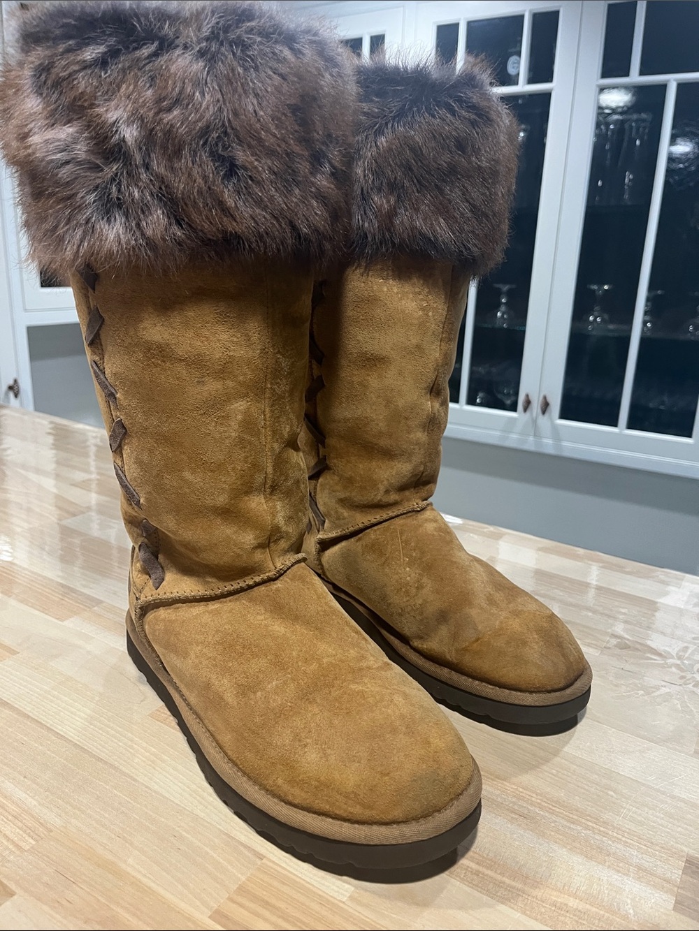 UGG Chestnut Suede Fur-Cuff Winter Boots Womens 9